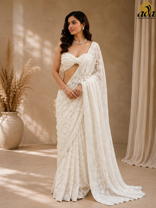 Hand Embroidered White Pure Georgette Lucknowi Chikankari Saree And Blouse With Pearl Work