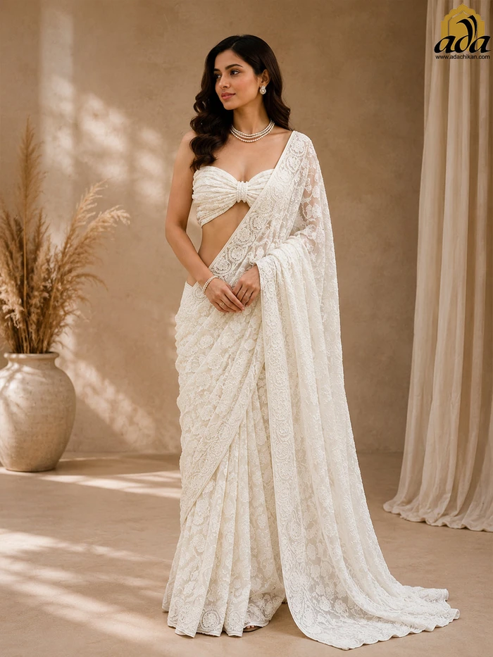 Ada Hand Embroidered White Pure Georgette Lucknowi Chikankari Saree And Blouse With Pearl Work 01A972927