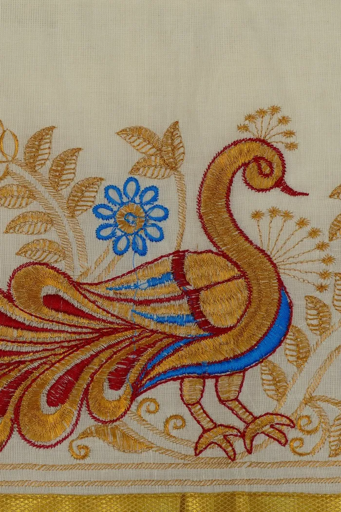Ivory Silk Saree With Peacock Hand Embroidery