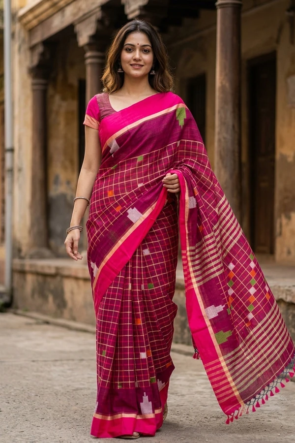 Pink Bengal Handwoven Linen Cotton Saree 10077688