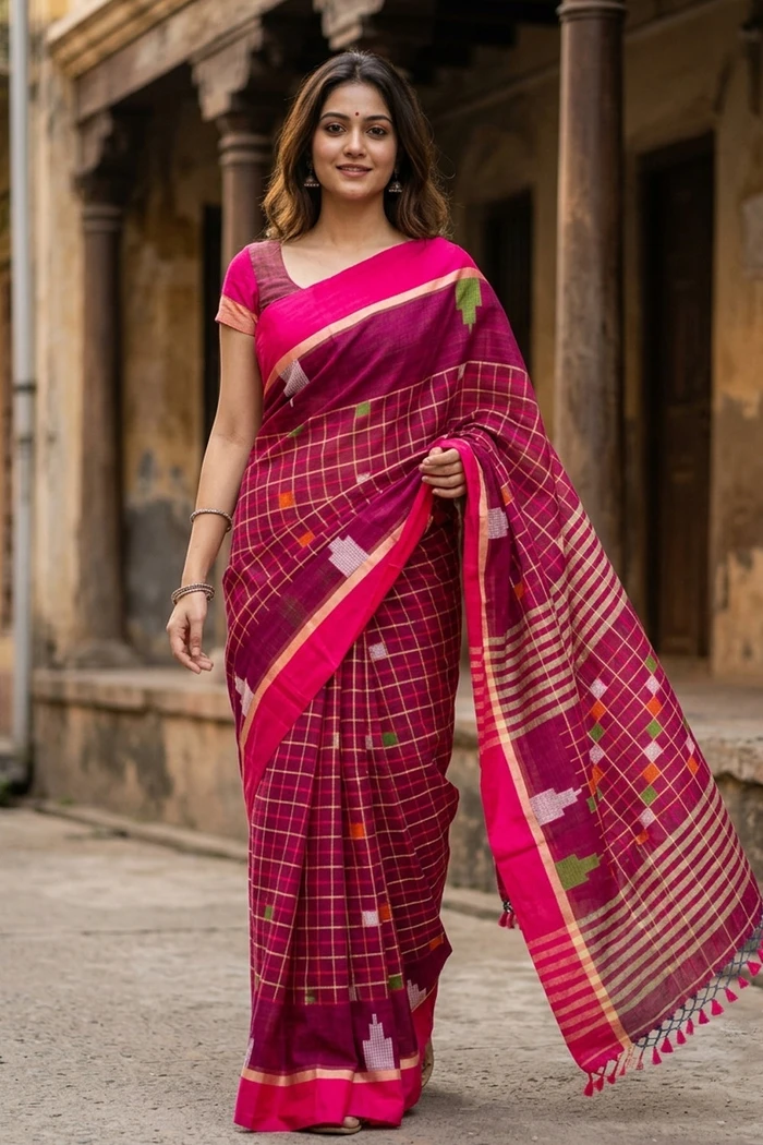 Pink Bengal Handwoven Linen Cotton Saree 10077688