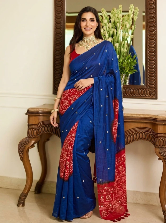 Printed Bandhani Ajrak Mirrorwork Saree