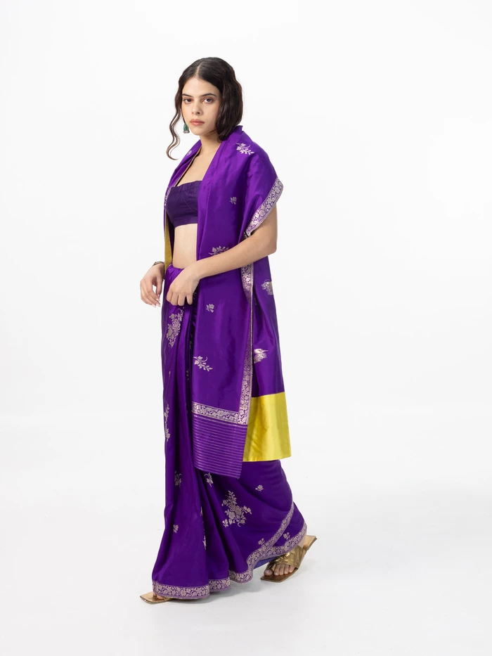 Handwoven Amethyst Silk Cutwork Banarasi Saree