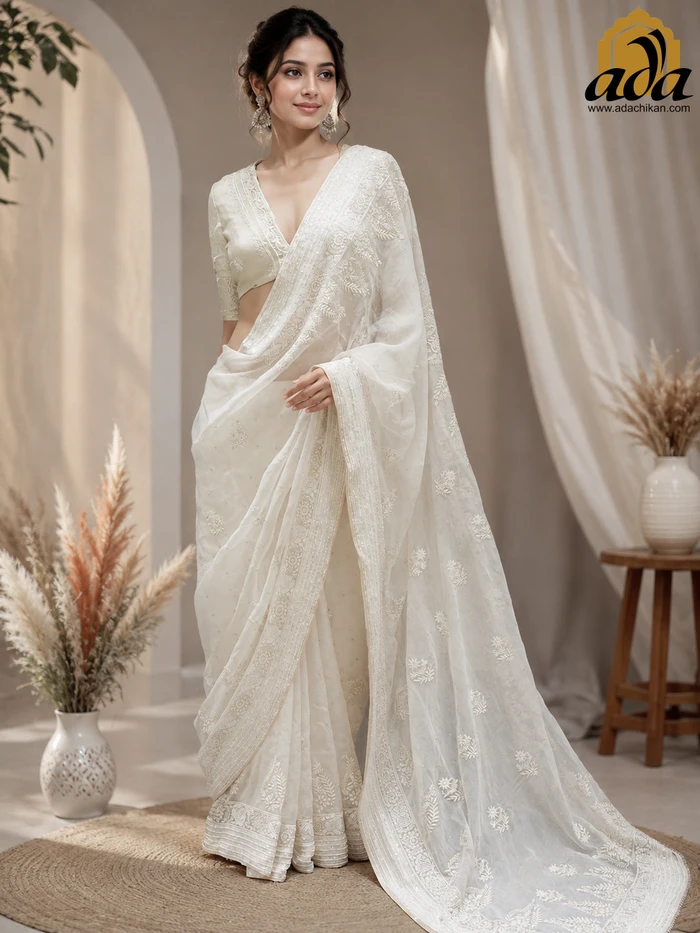 Ada Hand Embroidered White Organza Lucknowi Chikankari Saree And Blouse With Zari Work 01A1028953