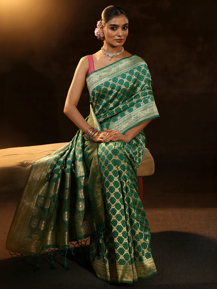 Libas Teal Green Banarasi Silk Blend Saree
