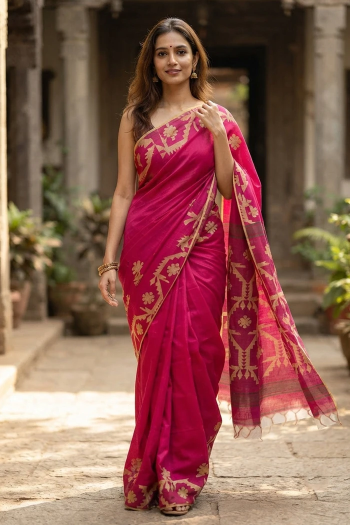 Pink Bengal Handwoven Jamdani Silk Cotton Saree 10077691