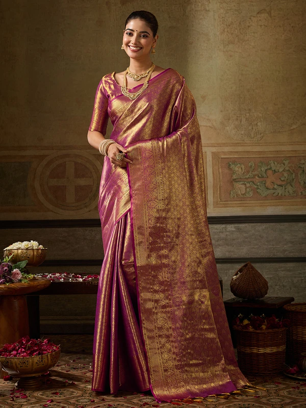 Wine Kanchivaram Silk Saree With Blouse Piece