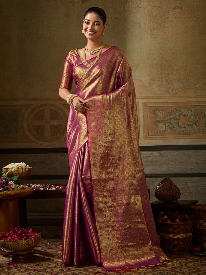 Wine Kanchivaram Silk Saree With Blouse Piece