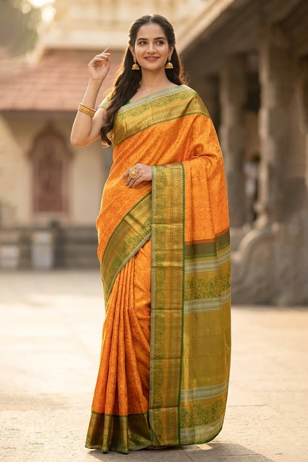 Orange Handloom Korvai Kodimalar Kanjivaram Pure Silk Saree