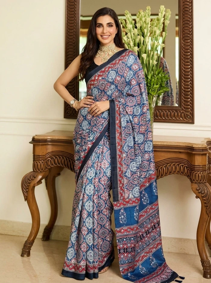 Printed Bandhani Ajrak Mirrorwork Saree
