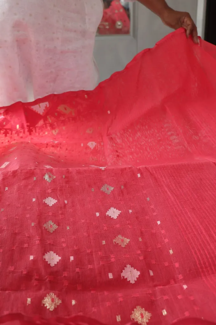Red Dhakai Jamdani Saree With Zari Buti