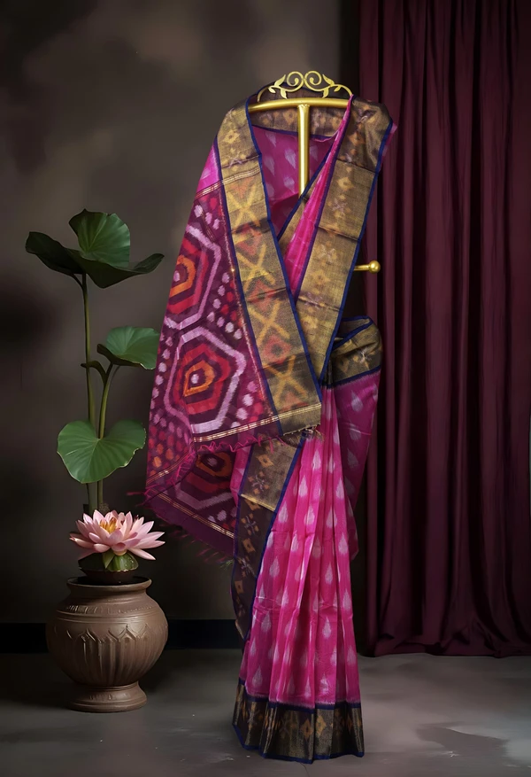 Pink-Dark Blue Pure Pochampally Cotton Silk Saree-Unm82278