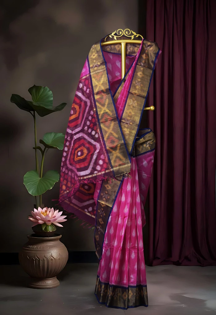 Pink-Dark Blue Pure Pochampally Cotton Silk Saree-Unm82278