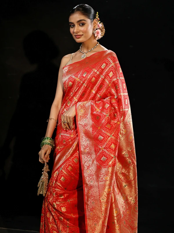 Scarlet Gharchola Silk Blend Saree with Gold Zari