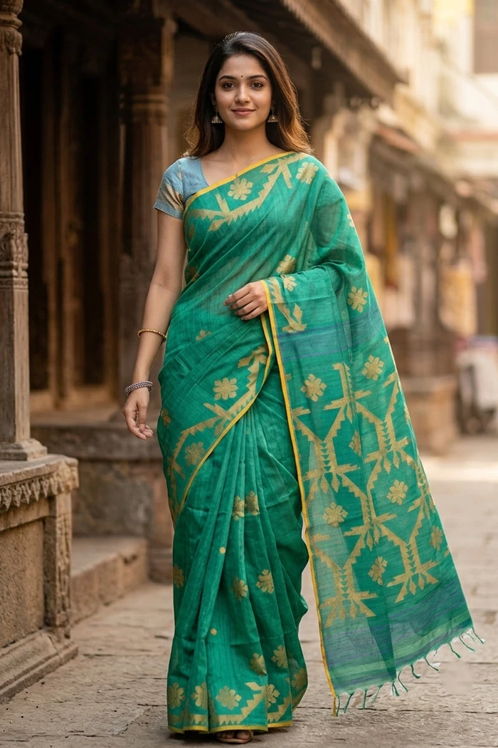 Green Bengal Handwoven Jamdani Silk Cotton Saree