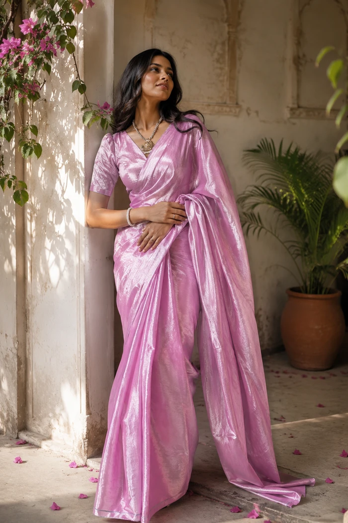 Blush Blush Tlr-107 I Blush Pink Handloom Tissue Saree With Minimal Flaws