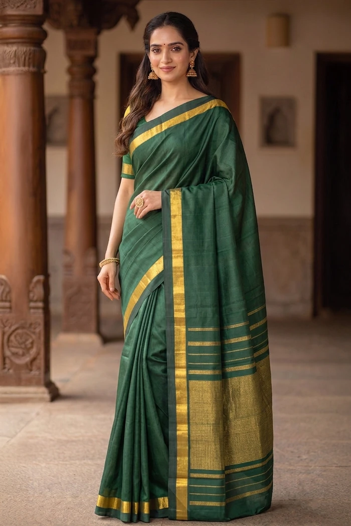 Green Handloom Kanjivaram Silk Saree With Getti Border