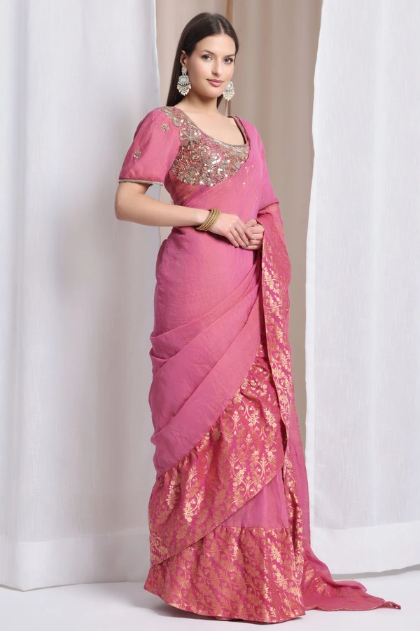 Zardozi Ruffle Saree With Blouse - Pink
