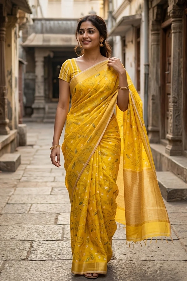 Lime Yellow Chanderi Printed Silk Cotton Saree