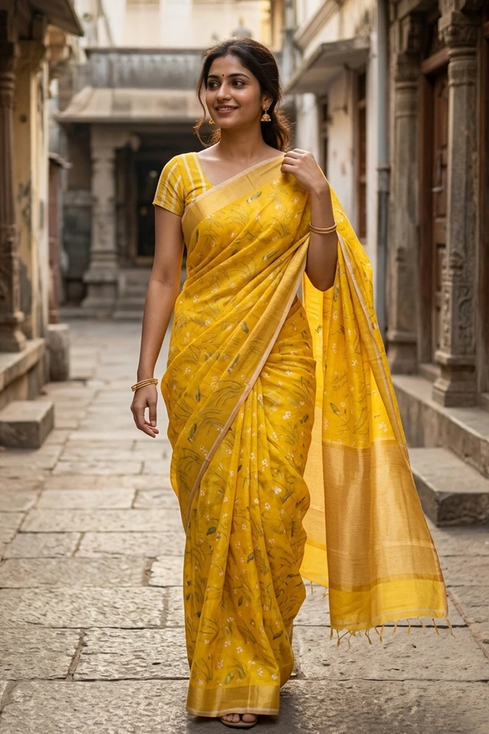Lime Yellow Chanderi Printed Silk Cotton Saree