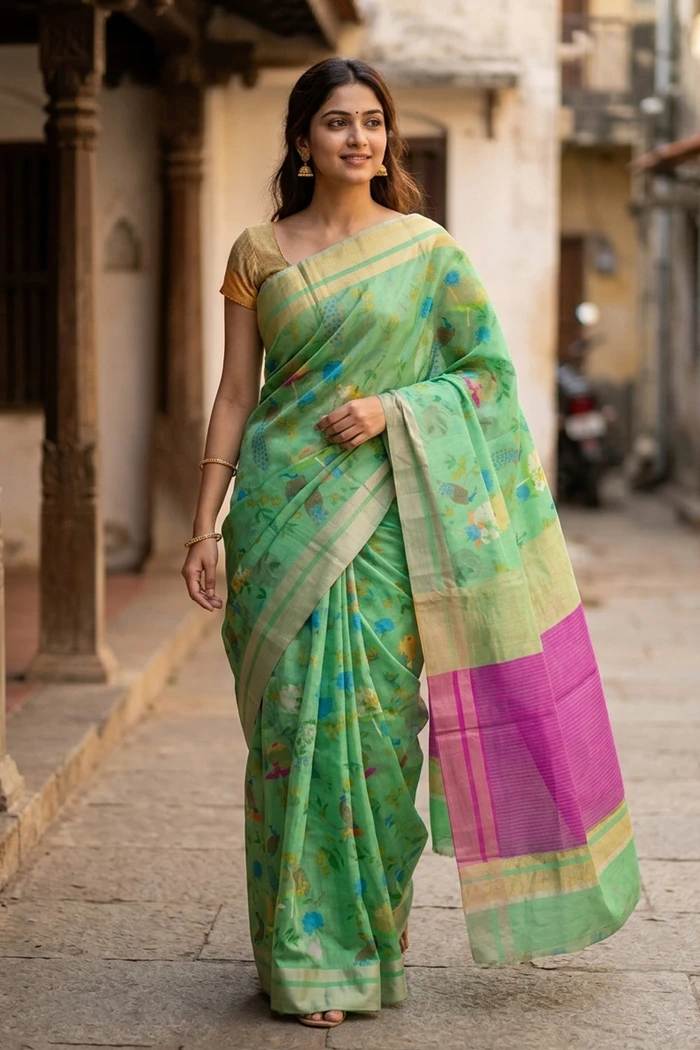 Green Bird Motifs Chanderi Printed Silk Cotton Saree 10077370