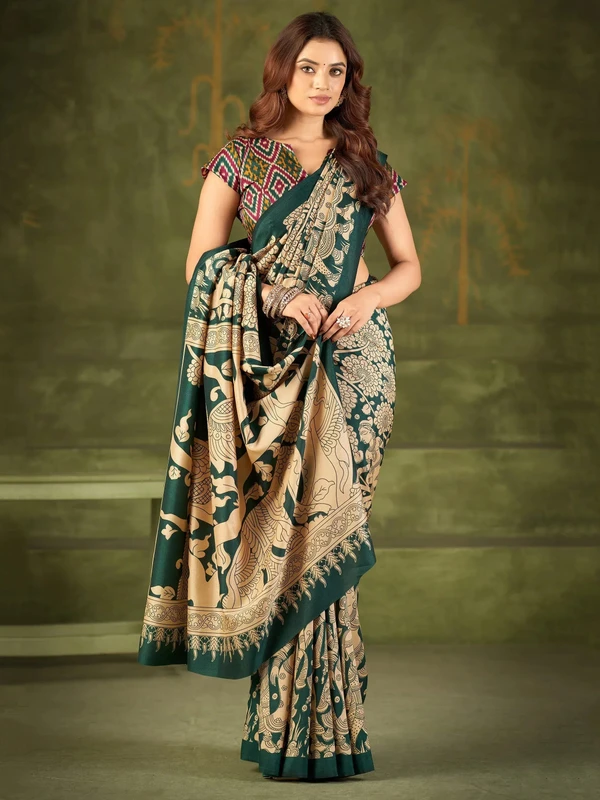 Fantastic Green Printed Silk Office Wear Saree With Blouse