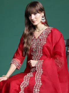 Indo Era Red Embroidered Straight Kurta Trousers Dupatta Set