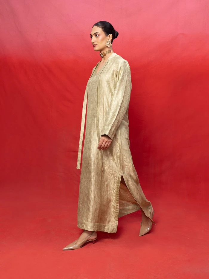 Handwoven Pistachio Green Silk Embossed Kaftan