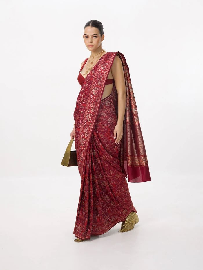 Handwoven Ruby Red Silk Emboss Saree