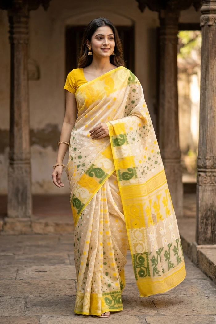Yellow Handloom Jamdani Cotton Saree 10077529