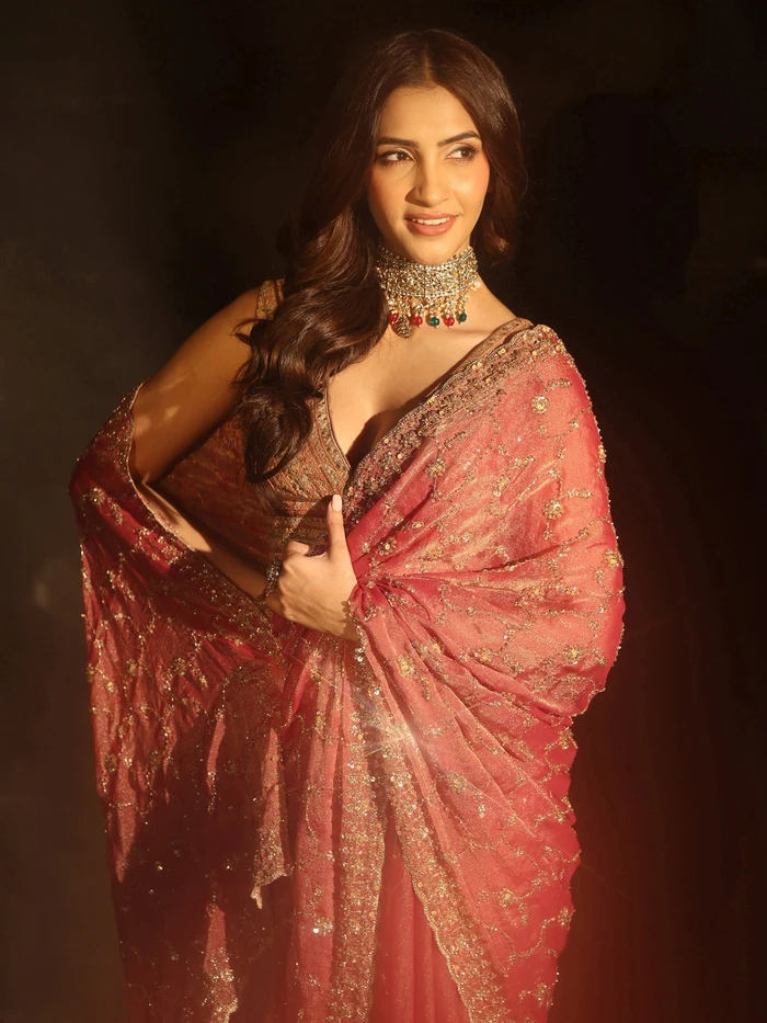 Libas Art Rose Pink Sequins Embellished Tissue Saree