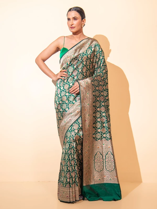 Bottle Green Meenakari Uppada Katan Silk Handloom Banarasi Saree