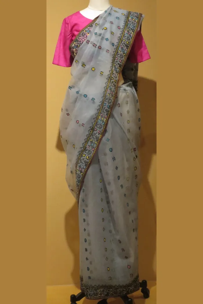 Ash Grey Chanderi Cotton Saree With Blue Border