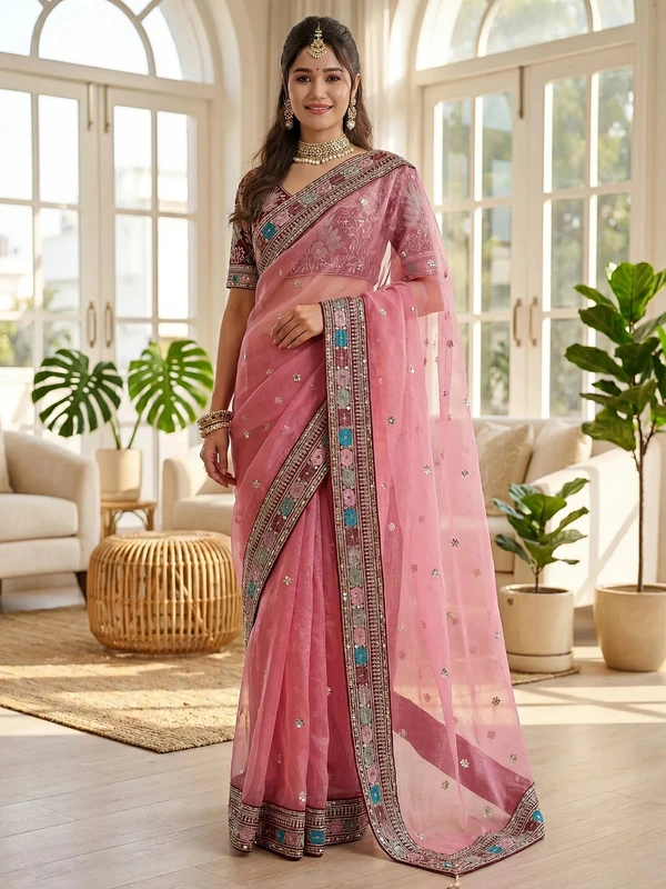 Attractive Pink Embroidery Organza Party Wear Saree With Blouse