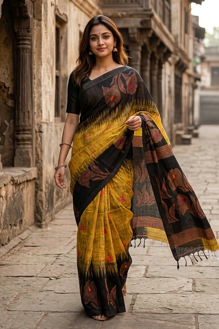 Yellow Bengal Handwoven Jamdani Linen Cotton Saree 10077696