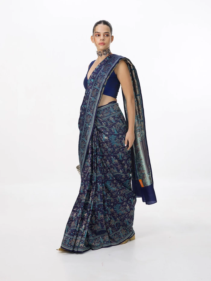 Handwoven Oxford Blue Silk Emboss Saree
