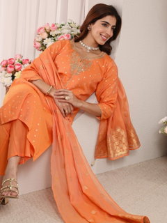 Orange Ethnic Woven Design Chanderi Silk Straight Suit Set With Dupatta