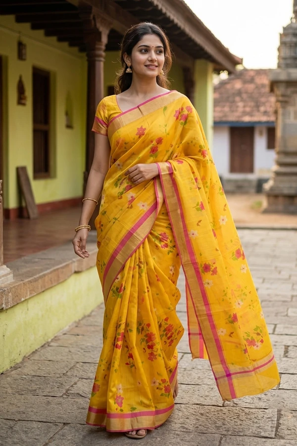 Yellow Floral Motifs Chanderi Printed Silk Cotton Saree 10077374