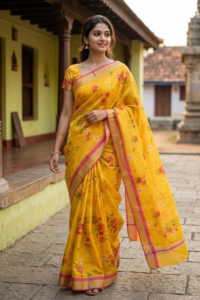 Yellow Floral Motifs Chanderi Printed Silk Cotton Saree 10077374