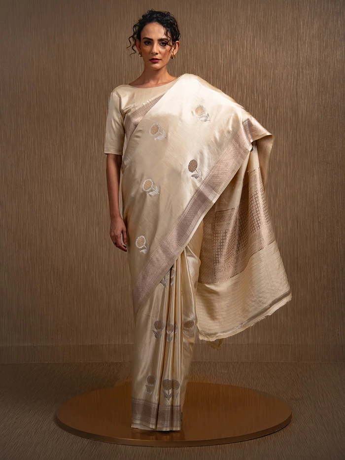 Cream Sona Roopa Boota Satin Silk Handloom Banarasi Saree