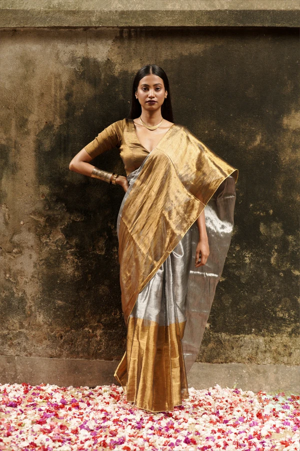 Chandi Aur Sona Tlr-109 I Gold And Silver Handloom Saree With Minimal Flaws
