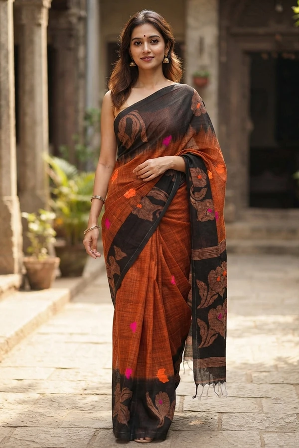 Brown Bengal Handwoven Linen Cotton Saree 10077694