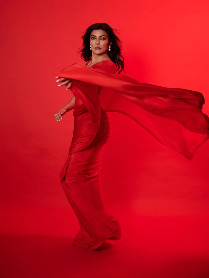 Sushmita Sen in Handwoven Ruby Red Silk Saree