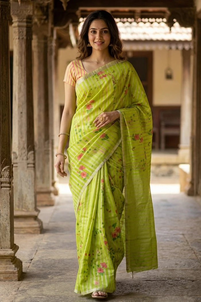 Green Chanderi Printed Silk Cotton Saree 10077368