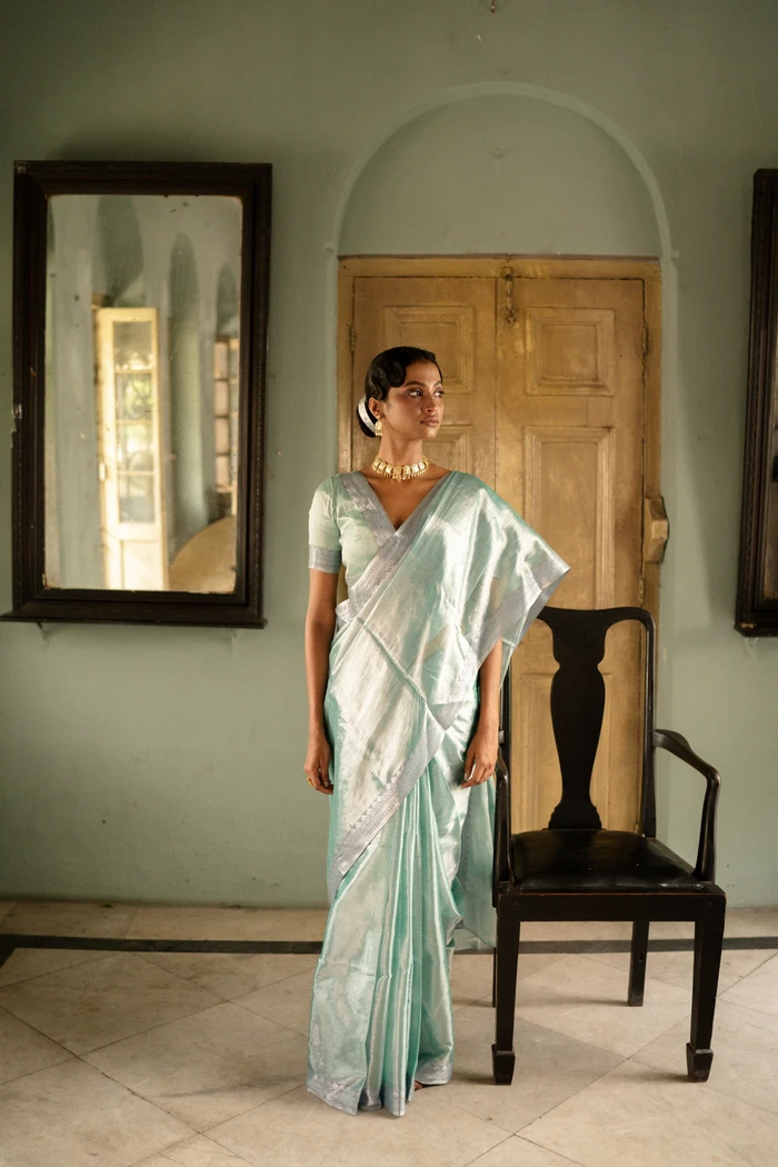 Empress Of Ocean Blue Handwoven Tissue Saree