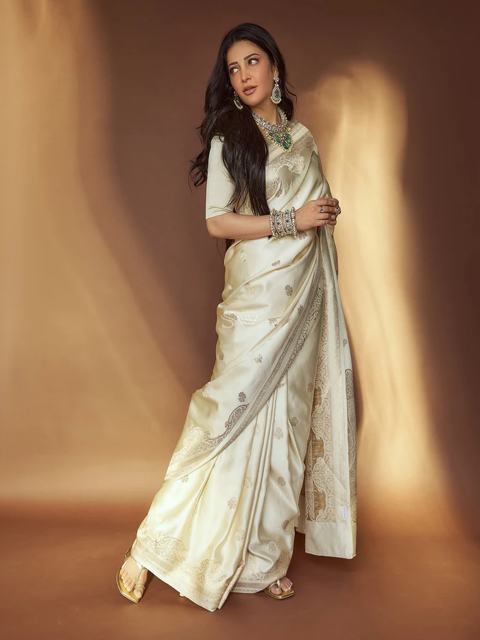 Cream Booti Satin Silk Handloom Banarasi Saree