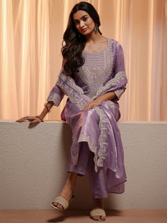 Lavender Floral Embroidered Tissue Straight Suit Set