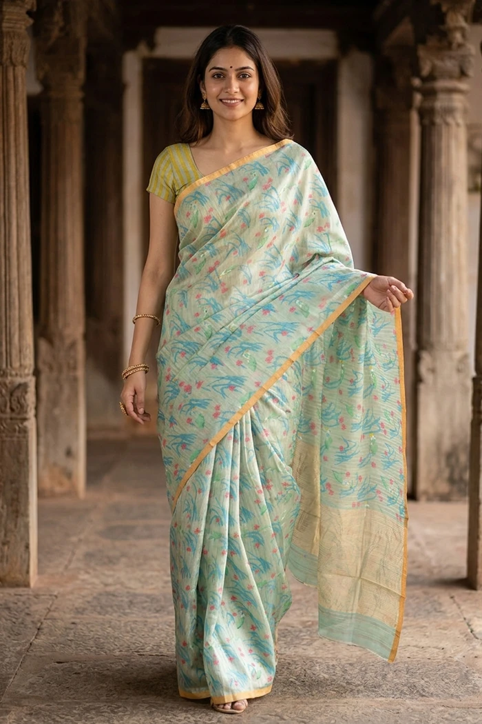 Blue Chanderi Printed Silk Cotton Saree