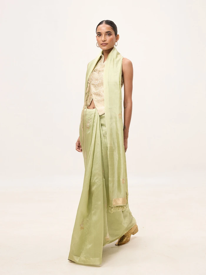 Handwoven Pistachio Green Cotton Banarasi Saree