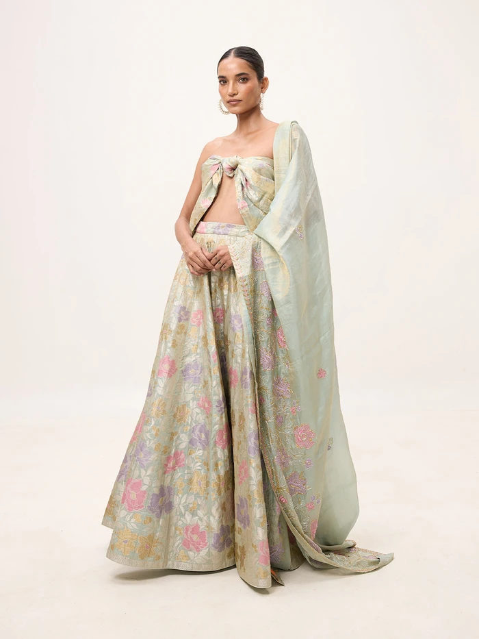 Handwoven Turquoise Tissue Lehenga Set